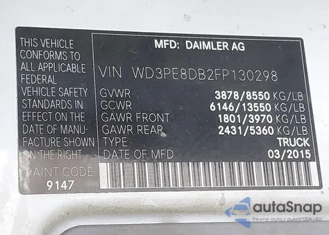 2015 Mercedes-Benz Sprinter 2500 High Roof from USA, damaged, VIN WD3PE8DB2FP130298